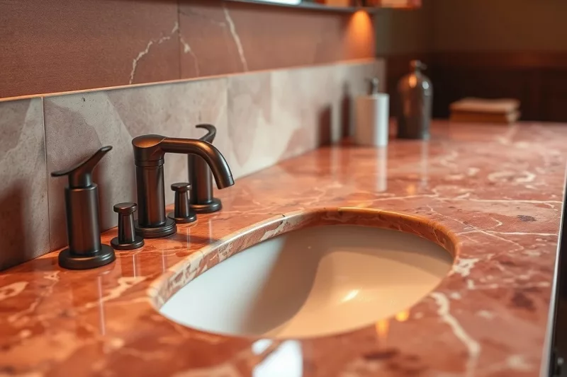 Elegant Bathroom Vanity | Stone Countertops | Marmoris Design Close-up of an elegant bathroom vanity with a luxurious stone countertop installed by Marmoris Design in London.
